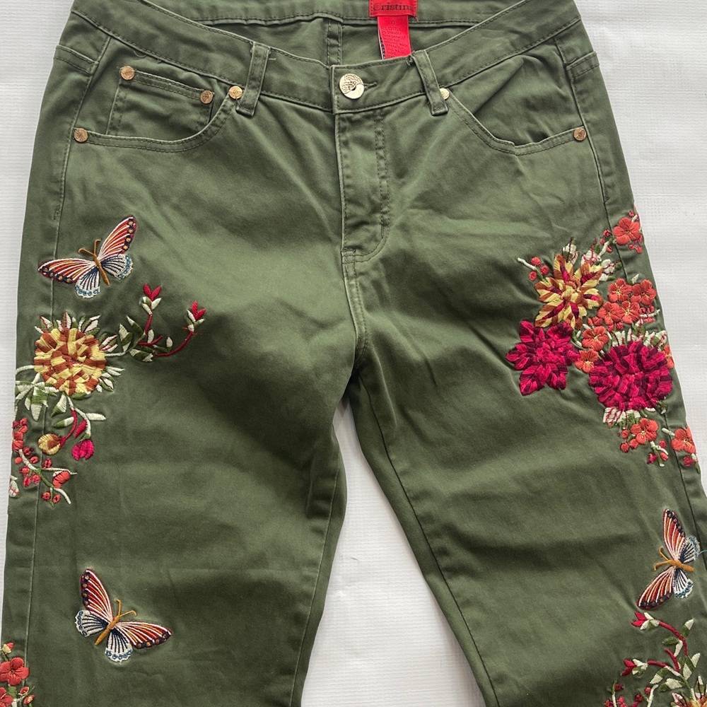 V Christina Olive Green Pants Colorful Floral &
Butterfly Embroidery - Picture 2 of 3